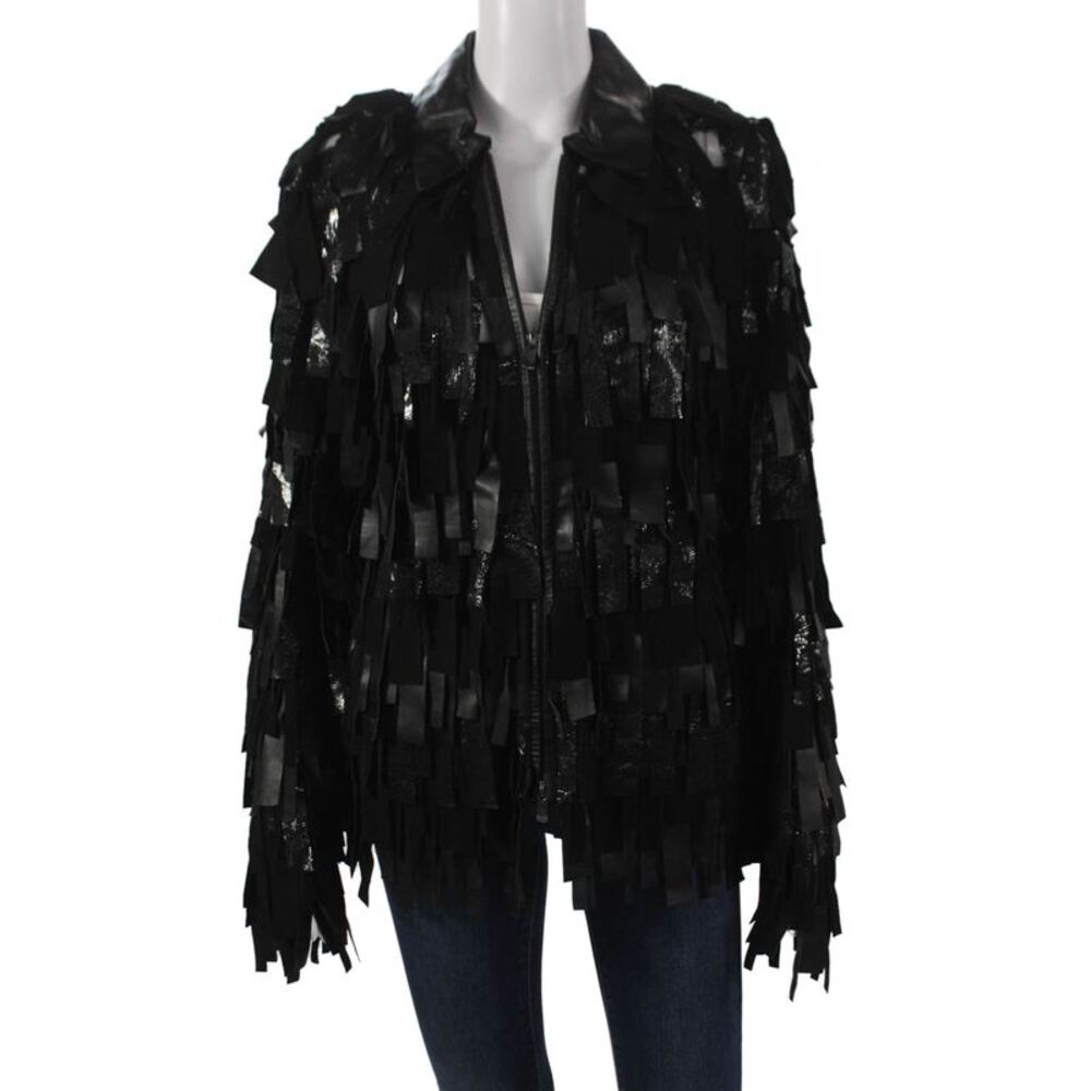 Natto Unisex Adults Fringe Genuine Lamb Leather Jacket Black Zip Rock Size S